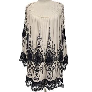 Le Marais 100% Silk Embroidered Peasant Blouse Tunic, Navy Crochet Lace, Large